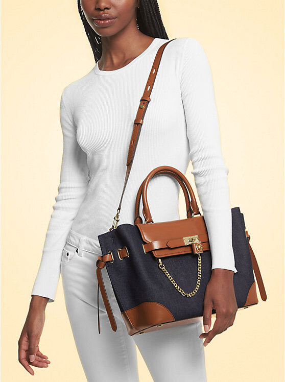 MK Hamilton Legacy Large Denim and Leather Belted Satchel