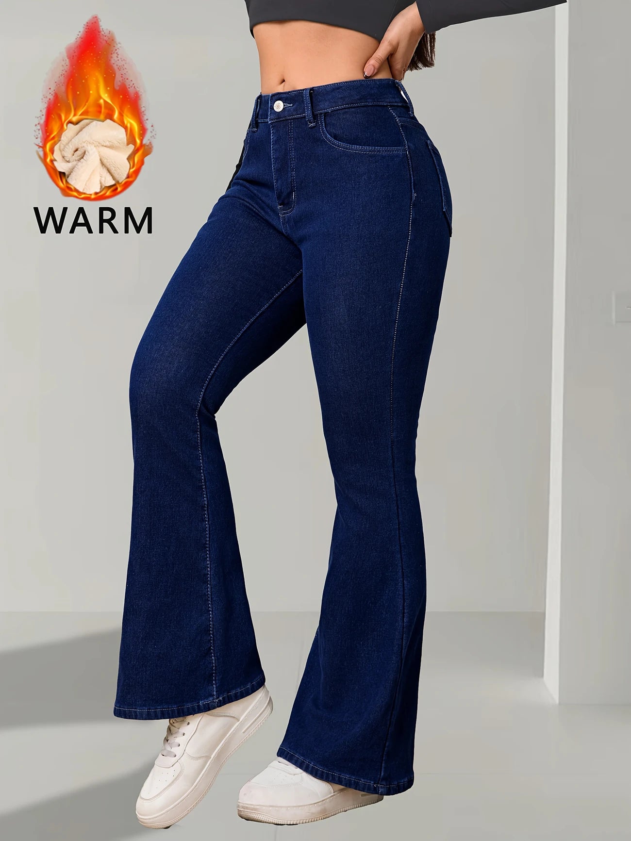The Winter Flare – Blue Fleece-Lined Denim, High-Waisted with Button Accent