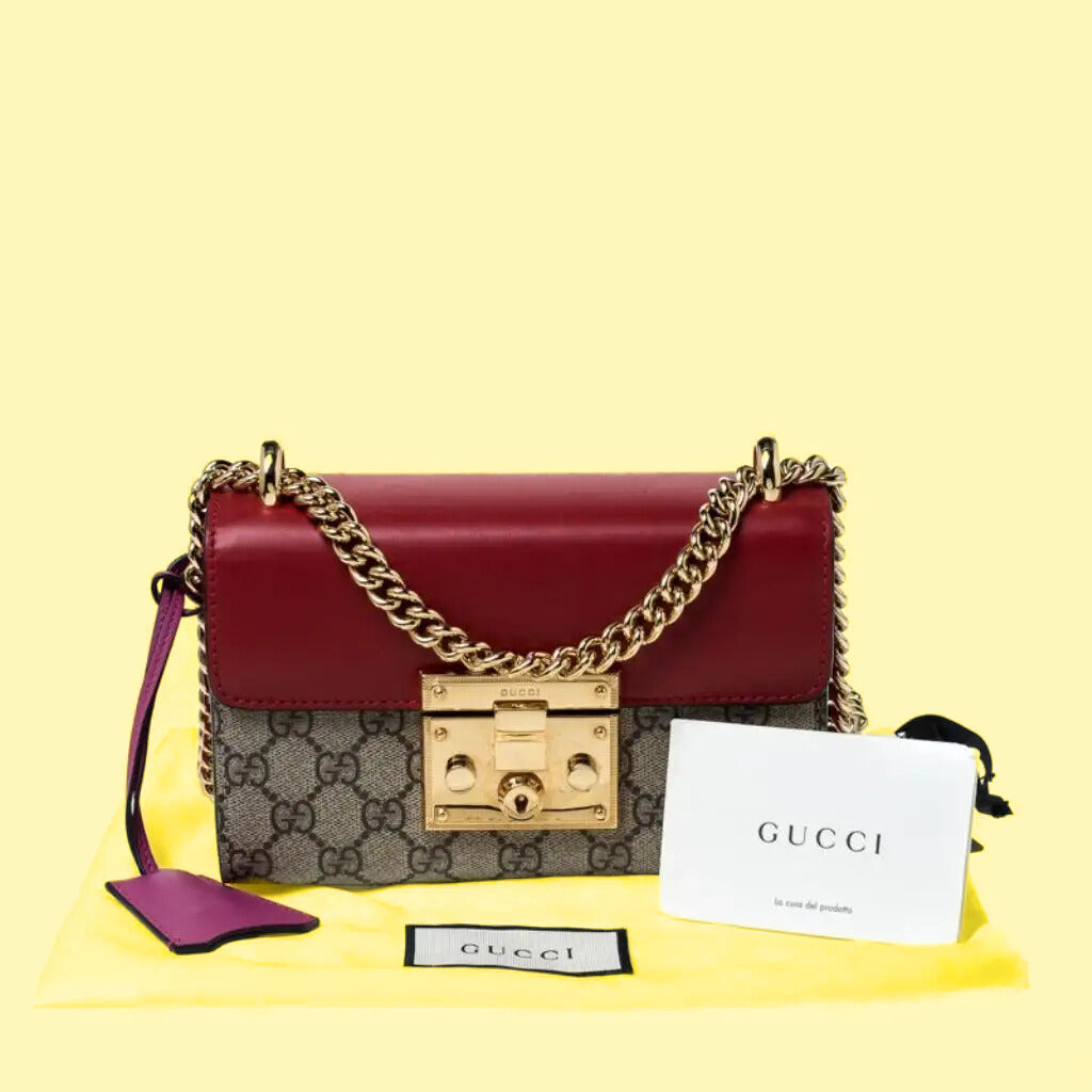 Gucci Red/Beige GG Supreme Canvas and Leather Padlock Small Shoulder Bag