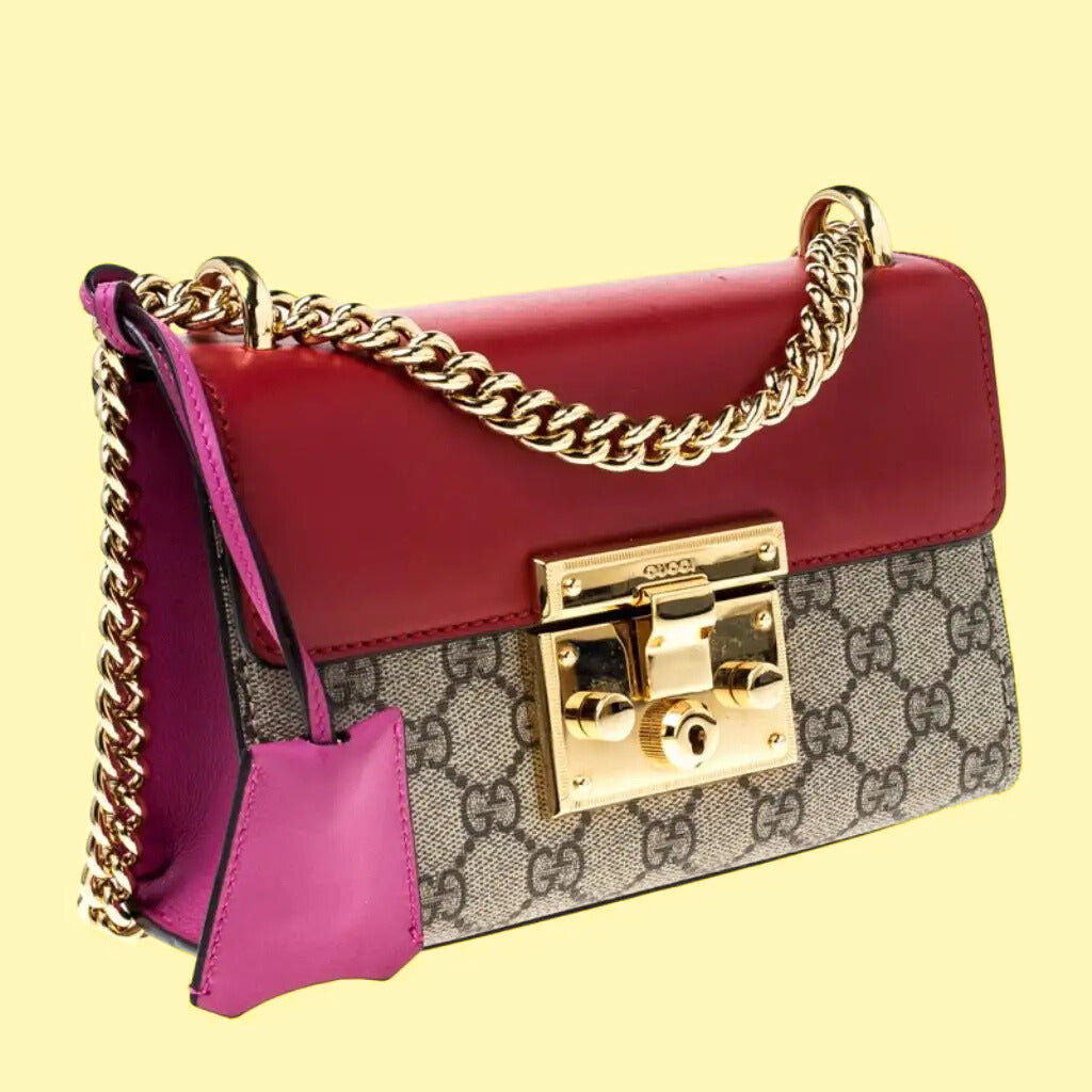 Gucci Red/Beige GG Supreme Canvas and Leather Padlock Small Shoulder Bag