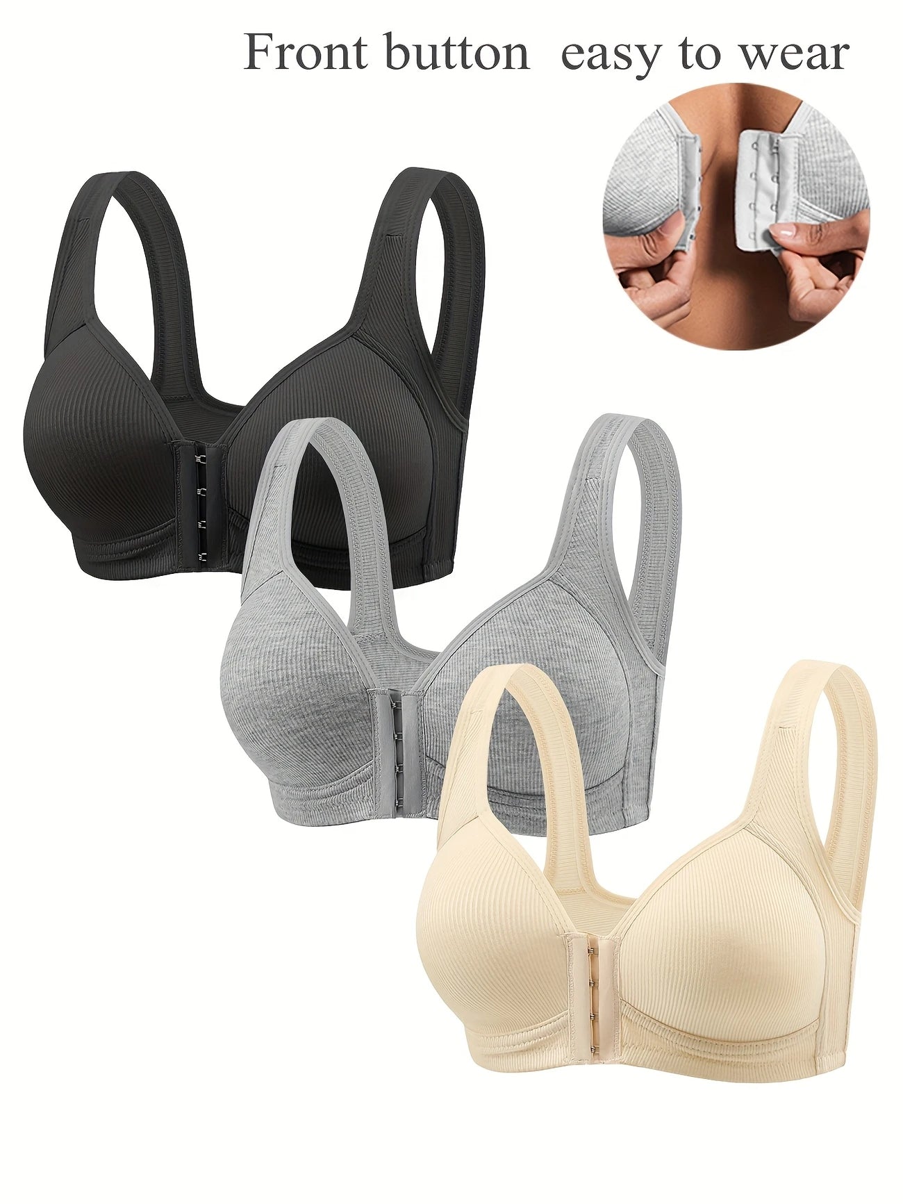 Women’s 3PCS Front Clasp Bras – No Underwire, Gathered Fit