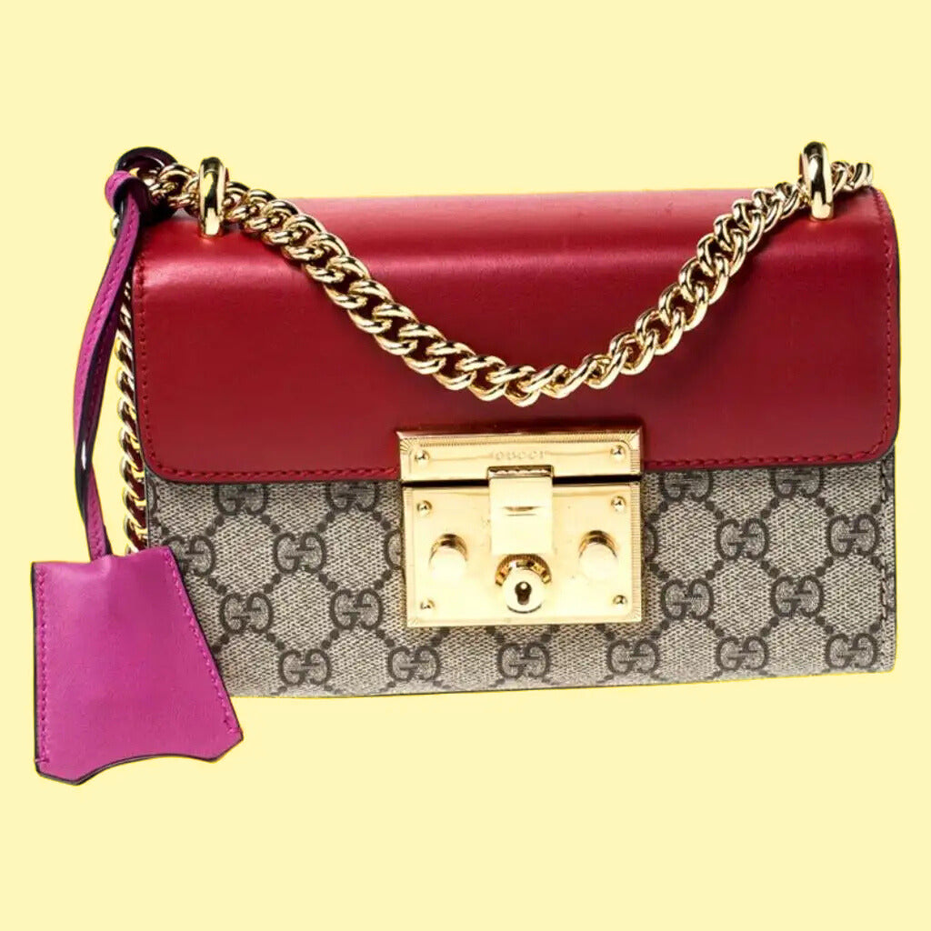 Gucci Red/Beige GG Supreme Canvas and Leather Padlock Small Shoulder Bag