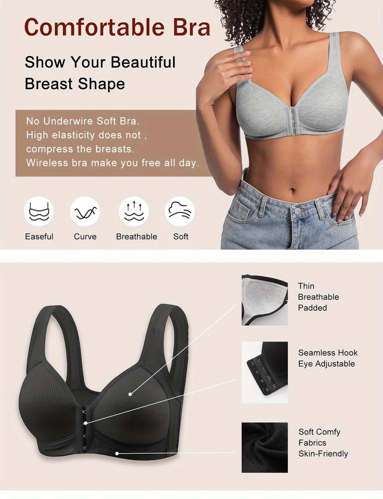 Women’s 3PCS Front Clasp Bras – No Underwire, Gathered Fit