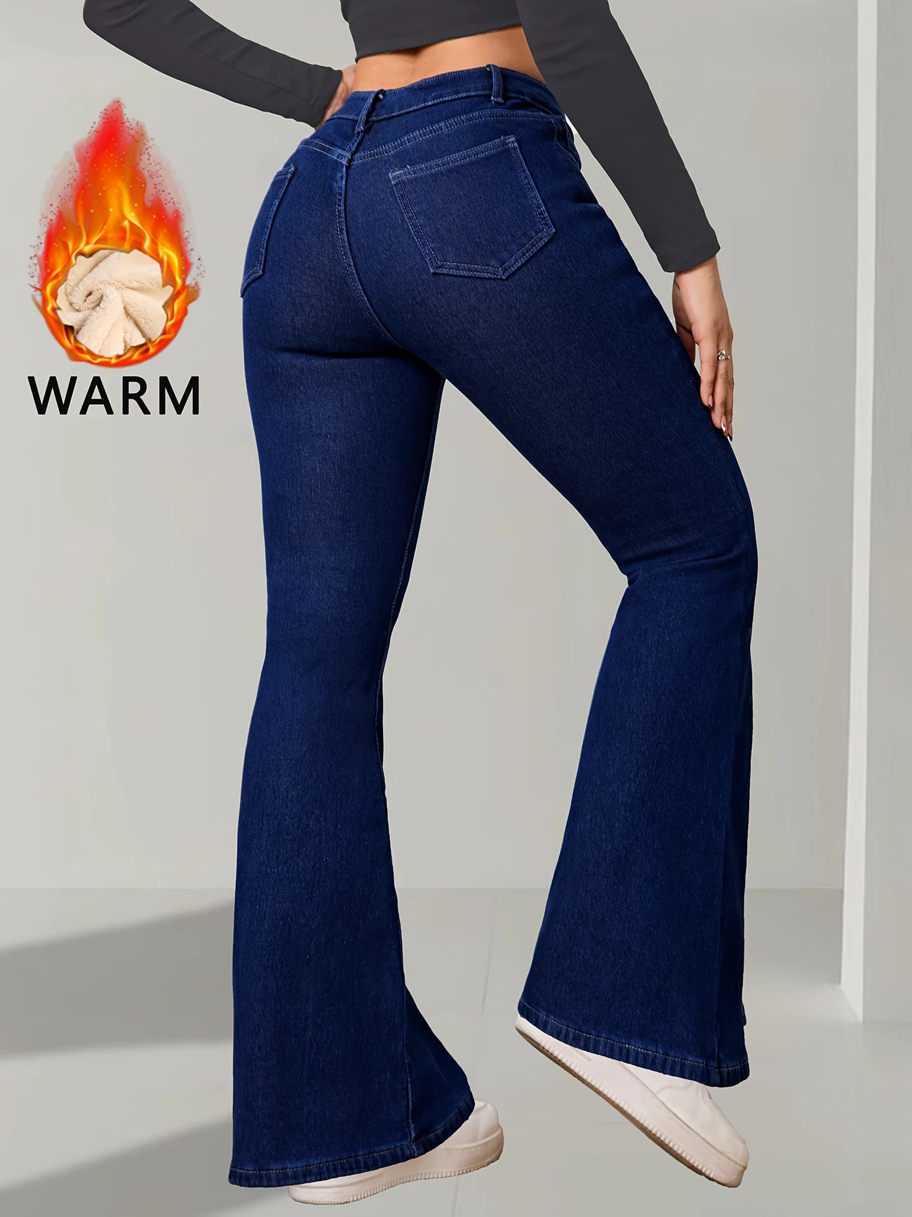 The Winter Flare – Blue Fleece-Lined Denim, High-Waisted with Button Accent