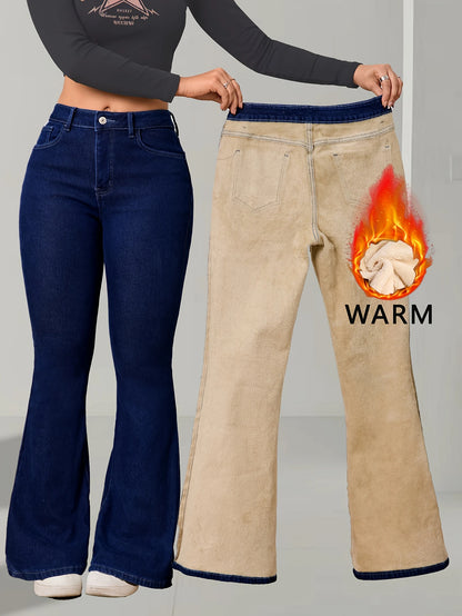 The Winter Flare – Blue Fleece-Lined Denim, High-Waisted with Button Accent