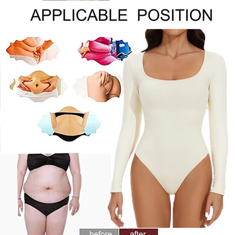 GUUDIA Spandex Long Sleeve Body Shaper – Tummy Control Seamless Bodysuit with Open Crotch & U-Neck