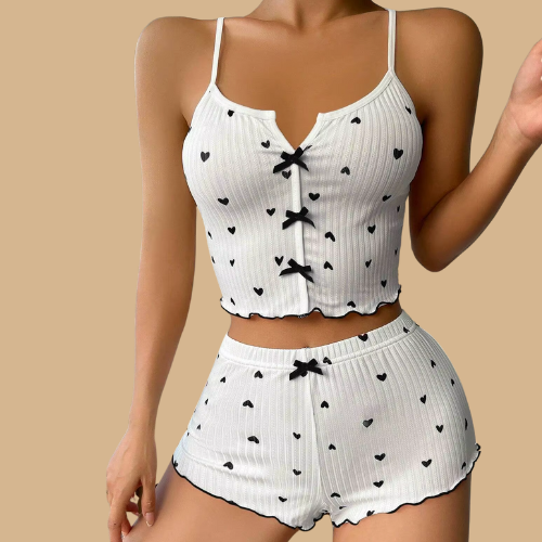 Women Cute Pajama Set Heart Print Lettuce Trim Bow Front Cami Top and Shorts Pj Set Soft Sleepwear