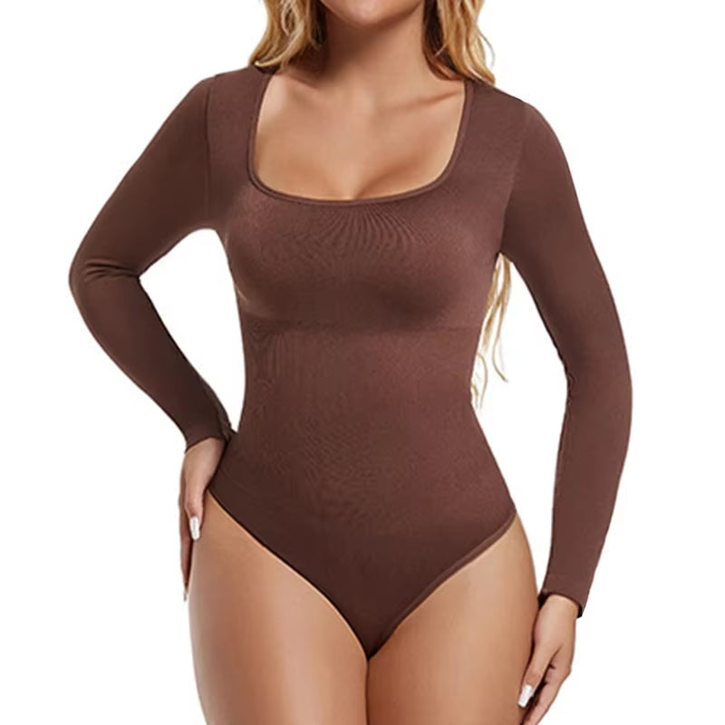 GUUDIA Spandex Long Sleeve Body Shaper – Tummy Control Seamless Bodysuit with Open Crotch & U-Neck