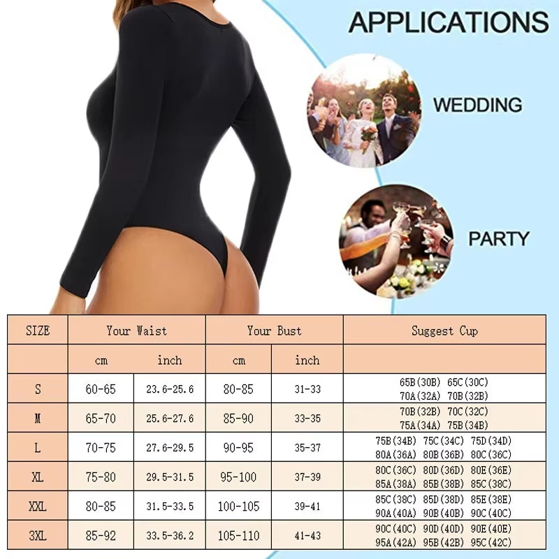 GUUDIA Spandex Long Sleeve Body Shaper – Tummy Control Seamless Bodysuit with Open Crotch & U-Neck