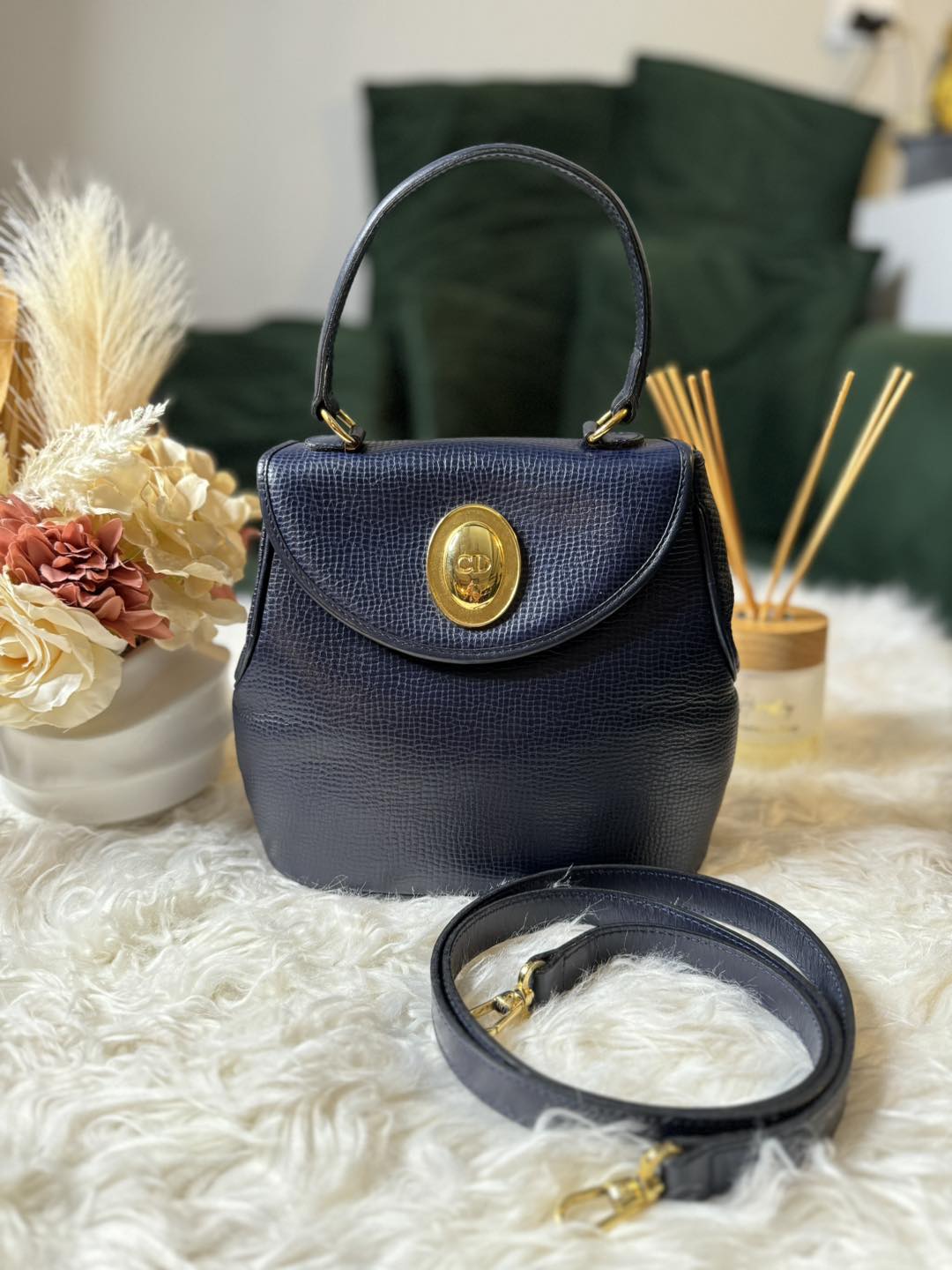 Christian Dior Vintage 2-Way Purse in Navy Blue Leather with Gold Hardware