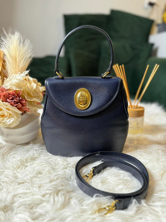 Christian Dior Vintage 2-Way Purse in Navy Blue Leather with Gold Hardware