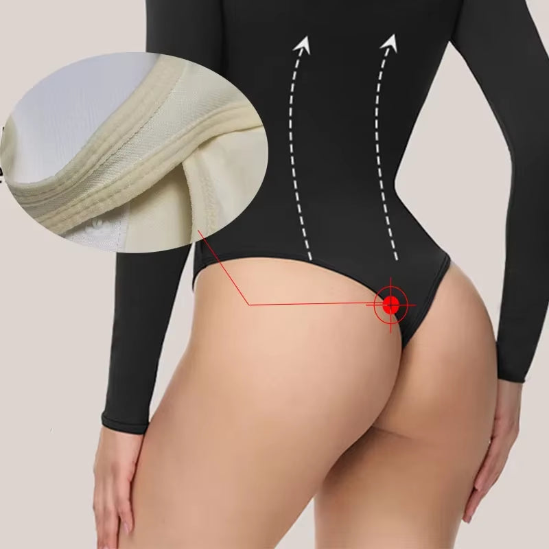 GUUDIA Spandex Long Sleeve Body Shaper – Tummy Control Seamless Bodysuit with Open Crotch & U-Neck