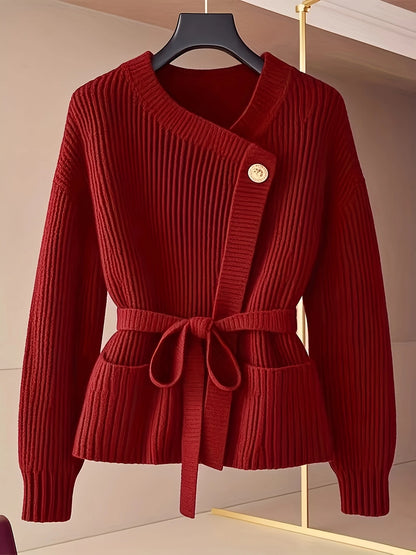 High-End Red Sweater with Waist Tie