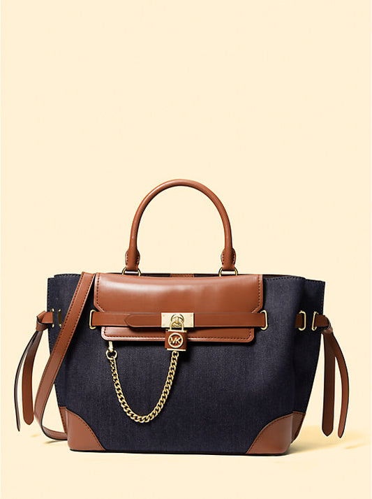 MK Hamilton Legacy Large Denim and Leather Belted Satchel