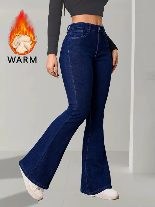 The Winter Flare – Blue Fleece-Lined Denim, High-Waisted with Button Accent