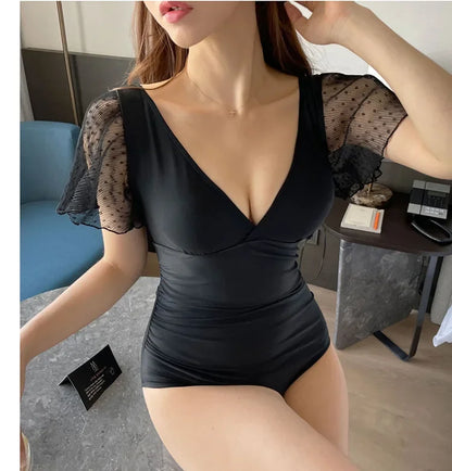 Sexy V-Neck Lace Sleeve One-Piece