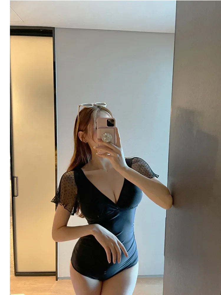Sexy V-Neck Lace Sleeve One-Piece