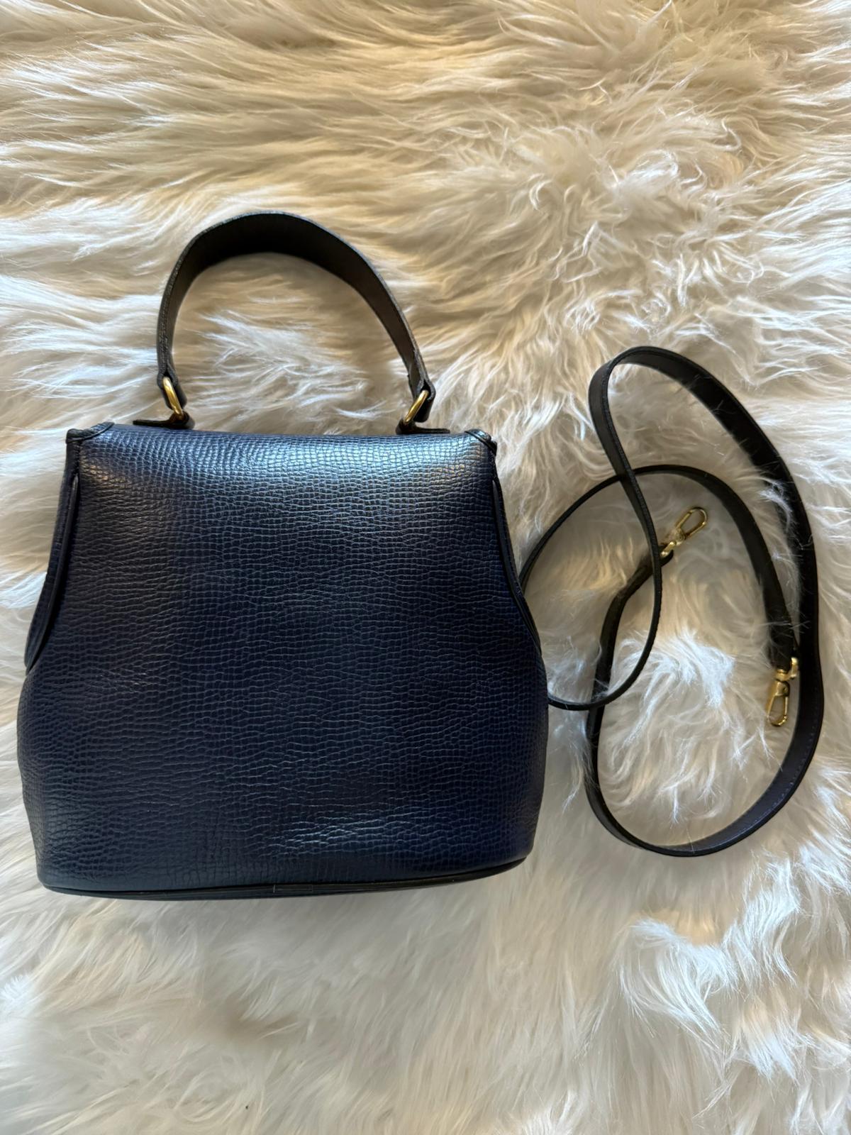 Christian Dior Vintage 2-Way Purse in Navy Blue Leather with Gold Hardware