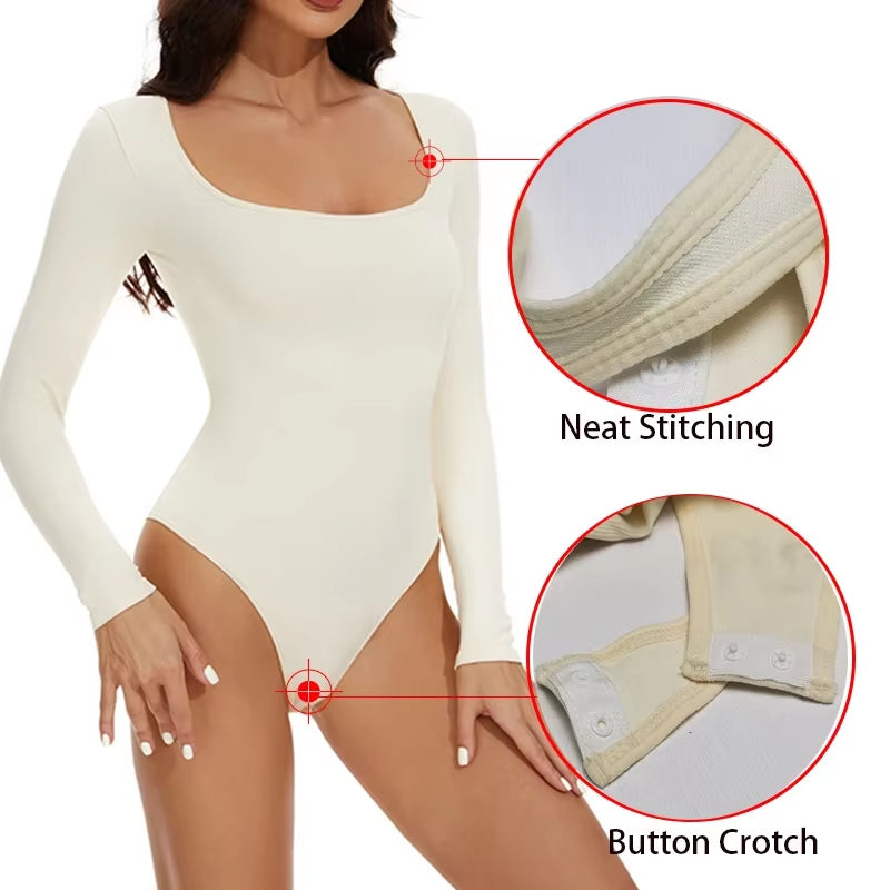 GUUDIA Spandex Long Sleeve Body Shaper – Tummy Control Seamless Bodysuit with Open Crotch & U-Neck