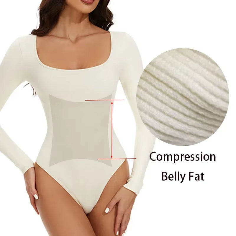 GUUDIA Spandex Long Sleeve Body Shaper – Tummy Control Seamless Bodysuit with Open Crotch & U-Neck