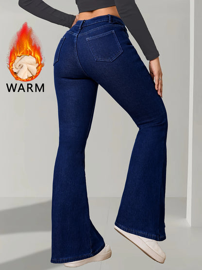 The Winter Flare – Blue Fleece-Lined Denim, High-Waisted with Button Accent